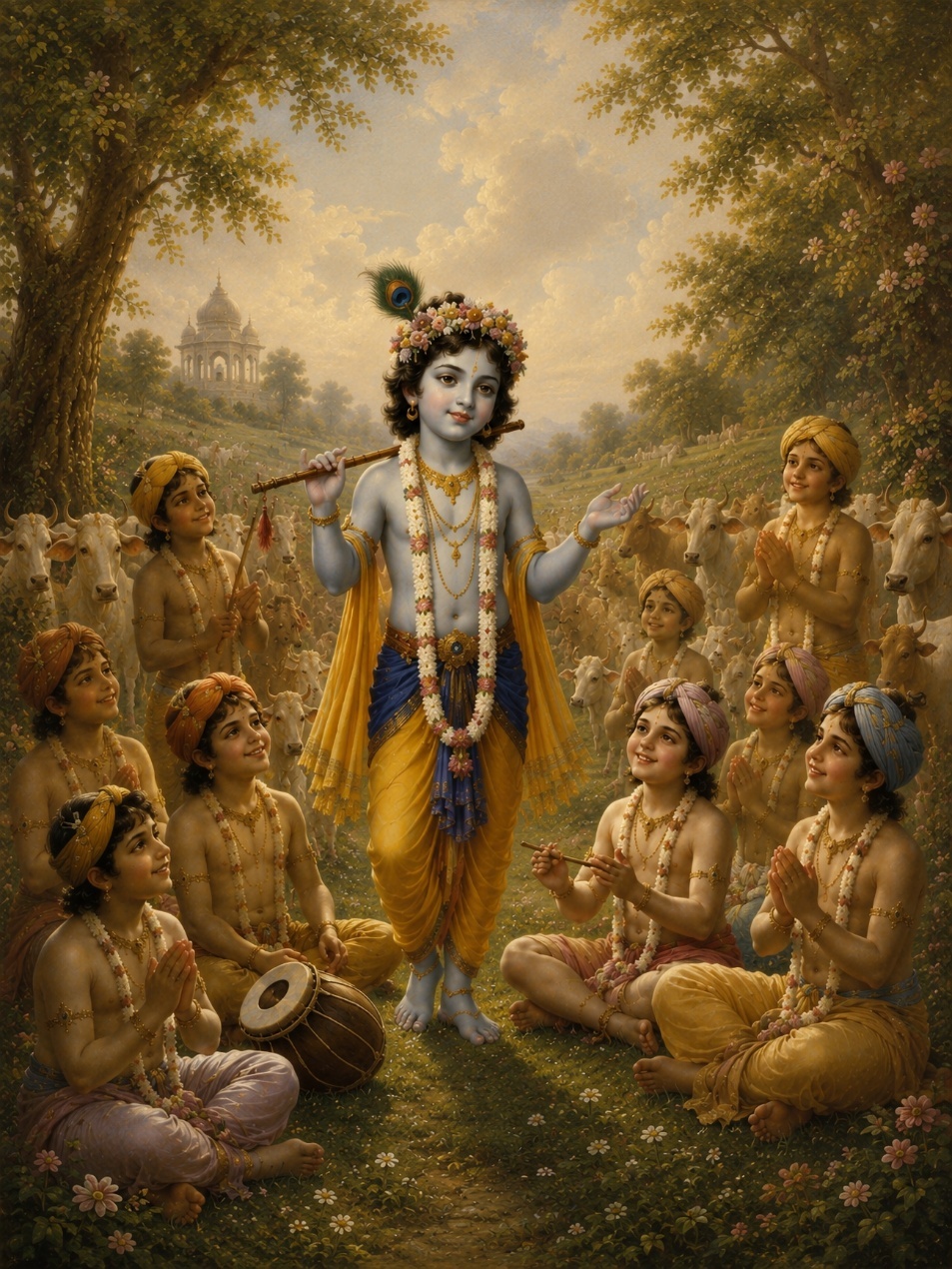 A painting of a child with a flute and other people sitting on the ground
AI-generated content may be incorrect.