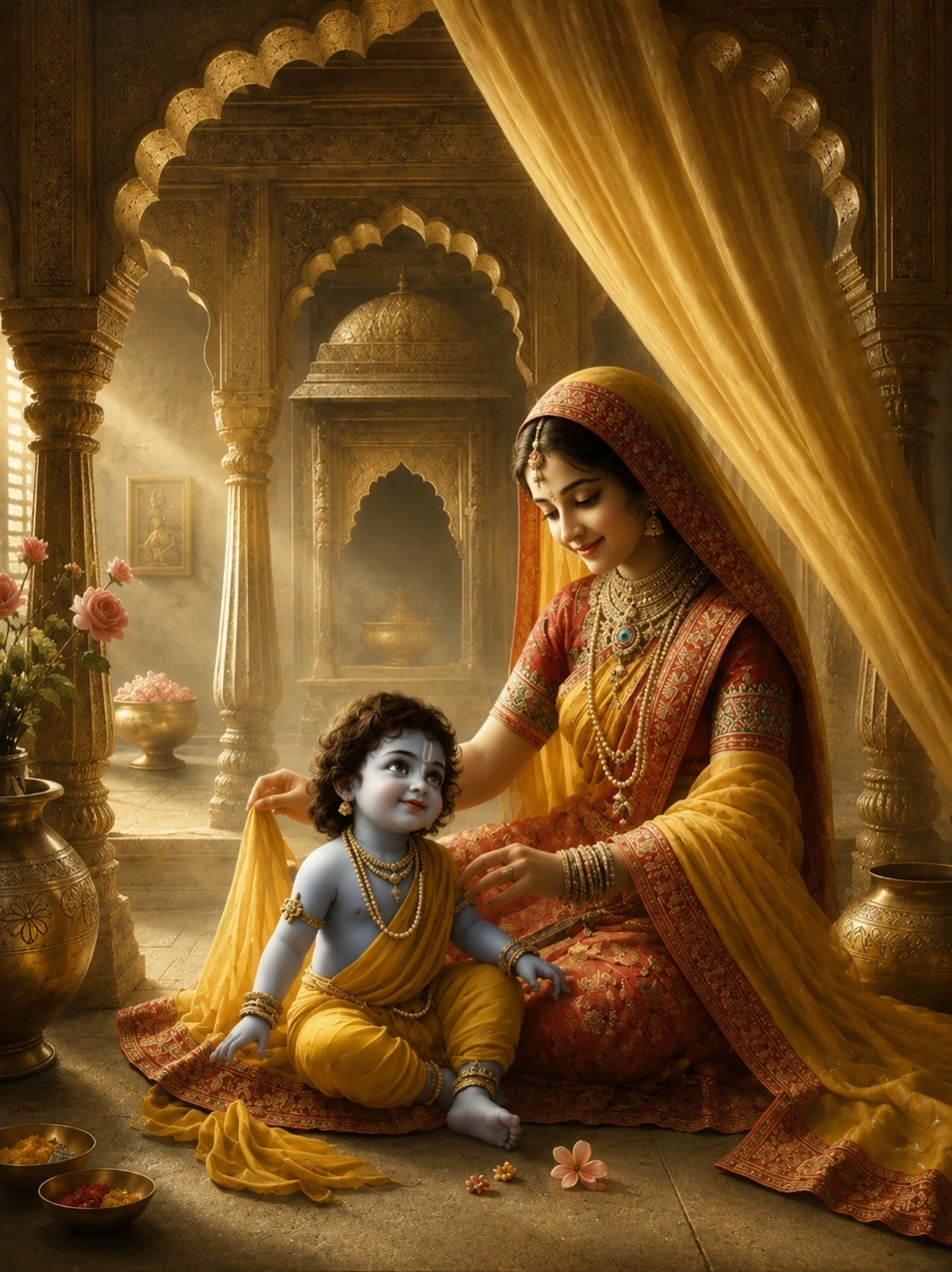 A person in a traditional dress sitting on a child's lap
AI-generated content may be incorrect.